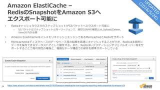 24
Amazon ElastiCache –
RedisのSnapshotをAmazon S3へ
エクスポート可能に
• RedisキャッシュクラスタのスナップショットがS3バケットへエクスポート可能に
– S3バケットはスナップショットと同一リージョンで、適切なIAMの権限(List,Upload/Delete,
View)付与が必要
• Amazon ErastiCacheはインメモリキャッシュエンジンであるMemcachedとRedisをサポート
• Memcachedはディスクベースのデータベース等の結果を高速にキャッシュすることができ、Redisは永続的に
データを保存できるデータストアとして動作する。また、Redisはレプリケーションやフェイルオーバー等をサ
ポートすることで高可用性の確保と、複雑なデータ構造での保存を標準サポートしている
https://aws.amazon.com/about-aws/whats-new/2016/05/amazon-elasticache-now-supports-exporting-redis-snapshots-to-amazon-s3/
 