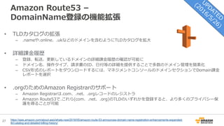 27
Amazon Route53 –
DomainName登録の機能拡張
• TLDカタログの拡張
– .nameや.online、.ukなどのドメインを含むようにTLDカタログを拡大
• 詳細課金履歴
– 登録、転送、更新しているドメインの詳細課金履歴の確認が可能に
– ドメイン名、操作タイプ、請求書のID、日付等の詳細を提供することで多数のドメイン管理を簡素化
– CSV形式のレポートをダウンロードするには、マネジメントコンソールのドメインセクションでDomain課金
レポートを選択
• .orgのためのAmazon Registrarのサポート
– Amazon Registrarは.com、.net、.orgレコードのレジストラ
– Amazon Route53で.これら(com、.net、.org)のTLDのいずれかを登録すると、より多くのプライバシー保
護を得ることが可能
https://aws.amazon.com/about-aws/whats-new/2016/05/amazon-route-53-announces-domain-name-registration-enhancements-expanded-
tld-catalog-and-detailed-billing-history/
 
