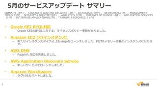 3
5月のサービスアップデート サマリー
COMPUTE（8件）、 STORAGE & CONTENT DELIVERY（1件）、DATABASES（9件）、 NETWORKNG(1件）、MANAGEMENT
TOOLS（3件）、SECURITY & IDENTITY(2件）、 ANALYTICS（2件）、INTERNET OF THINGS（4件）、 APPLICATION SERVICES
（1件）、ENTERPRISE APPLICATIONS(1件) 、TRAINING＆RESOURCE（１件）
• Oracle SE2 BYOL対応
– Oracle SE2のBYOLに対する、ライセンスポリシー更新がありました。
• Amazon EC2 (X1インスタンス)
– 新たなインスタンスタイプx1.32xlargeをローンチしました。約2TBメモリー搭載のインスタンスになりま
す。
• AWS DMS
– Redshift 対応を発表しました。
• AWS Application Discovery Service
– 新しいサービスをローンチしました。
• Amazon WorkSpaces
– タグ付をサポートしました。
 