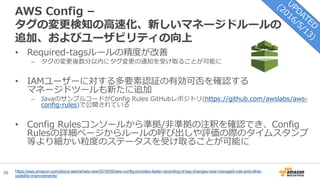30
AWS Config –
タグの変更検知の高速化、新しいマネージドルールの
追加、およびユーザビリティの向上
• Required-tagsルールの精度が改善
– タグの変更後数分以内にタグ変更の通知を受け取ることが可能に
• IAMユーザーに対する多要素認証の有効可否を確認する
マネージドツールも新たに追加
– JavaのサンプルコードがConfig Rules GitHubレポジトリ(https://github.com/awslabs/aws-
config-rules)で公開されている
• Config Rulesコンソールから準拠/非準拠の注釈を確認でき、Config
Rulesの詳細ページからルールの呼び出しや評価の際のタイムスタンプ
等より細かい粒度のステータスを受け取ることが可能に
https://aws.amazon.com/about-aws/whats-new/2016/05/aws-config-provides-faster-recording-of-tag-changes-new-managed-rule-and-other-
usability-improvements/
 