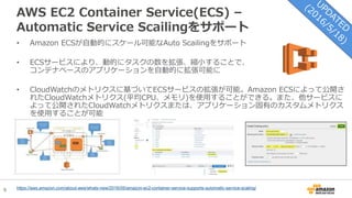 9
AWS EC2 Container Service(ECS) –
Automatic Service Scailingをサポート
• Amazon ECSが自動的にスケール可能なAuto Scailingをサポート
• ECSサービスにより、動的にタスクの数を拡張、縮小することで、
コンテナベースのアプリケーションを自動的に拡張可能に
• CloudWatchのメトリクスに基づいてECSサービスの拡張が可能。Amazon ECSによって公開さ
れたCloudWatchメトリクス(平均CPU、メモリ)を使用することができる。また、他サービスに
よって公開されたCloudWatchメトリクスまたは、アプリケーション固有のカスタムメトリクス
を使用することが可能
https://aws.amazon.com/about-aws/whats-new/2016/05/amazon-ec2-container-service-supports-automatic-service-scaling/
 