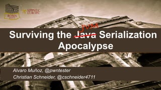 Alvaro Muñoz, @pwntester
Christian Schneider, @cschneider4711
Surviving the Java Serialization
Apocalypse
JVM
 