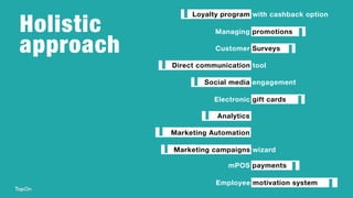 Customer surveys
Easy to use
survey wizard
Automatic
rewarding for the
participation
Targeting a
predefined group
of clients
 