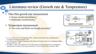 Literatures review (Growth rate & Temperature)
• Thin film growth rate measurement
 Quartz crystal microbalance
a
 Reflectance interferometry
b
• Temperature measurement
 Two-color and Multi-wavelength pyrometry
c
a: C. S. Lu and O. Lewis, “Investigation of film ‐ thickness determination by oscillating quartz
resonators with large mass load”, 1972.
b: J.A. Dobrowolski, “Optical Properties of Thin Films and Coating” Chap.42 of Handbook of Optics,
McGraw-Hill, Inc, 1995.
c: B. Müller, U. Renz, “Development of a fast fiber-optic two-color pyrometer for the temperature
measurement of surfaces with varying emissivities”, Review of Scientific Instruments, 2001.
Source: ADVANTEST
Source: c
 