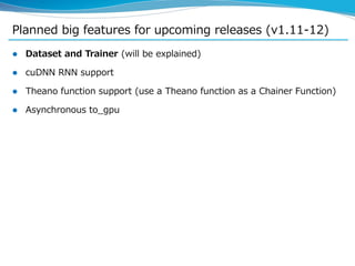 Planned big features for upcoming releases (v1.11-12)
 Dataset and Trainer (will be explained)
 cuDNN RNN support
 Theano function support (use a Theano function as a Chainer Function)
 Asynchronous to_gpu
 