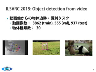  動画像からの物体追跡・識別タスク
◦ 動画像数： 3862 (train), 555 (val), 937 (test)
◦ 物体種類数： 30
4
 