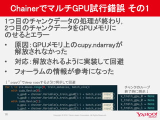 ChainerでマルチGPU試行錯誤 その1
1つ目のチャンクデータの処理が終わり，
2つ目のチャンクデータをGPUメモリに
のせるとエラー
• 原因：GPUメモリ上のcupy.ndarrayが
解放されなかった
• 対応：解放されるように実装して回避
• フォーラムの情報が参考になった
16
チャンクのループ
終了時に明示↓
↓”.copy()”でdeep copyするように明示して回避
 