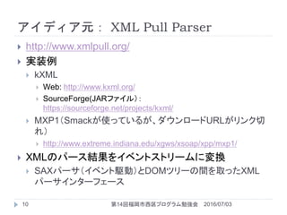 ǥԪ XML Pull Parser
? http://www.xmlpull.org/
? gװ
? kXML
? Web: http://www.kxml.org/
? SourceForge(JARե룩
https://sourceforge.net/projects/kxml/
? MXP1SmackʹäƤ뤬`URL
죩
? http://www.extreme.indiana.edu/xgws/xsoap/xpp/mxp1/
? XMLΥѩ`Y򥤥٥ȥȥ`ˉQ
? SAXѩ`٥lӣDOMĥ`gȡäXML
ѩ`󥿩`ե`
2016/07/0310 14ظץ㏊
 