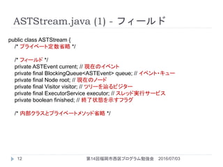 ASTStream.java (1) - ե`
2016/07/0314ظץ㏊12
public class ASTStream {
/* ץ饤٩`ȶʡ */
/* ե` */
private ASTEvent current; // FڤΥ٥
private final BlockingQueue<ASTEvent> queue; // ٥?`
private final Node root; // FڤΥΩ`
private final Visitor visitor; // ĥ`{ӥ`
private final ExecutorService executor; // åɌgХ`ӥ
private boolean finished; // K״Bʾե饰
/* ڲ饹ȥץ饤٩`ȥ᥽åʡ */
 