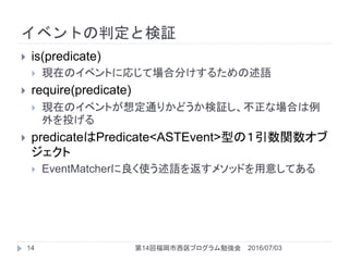 ٥Ȥжȗ^
2016/07/0314ظץ㏊14
? is(predicate)
? FڤΥ٥ȤˏꤸƈϷ֤뤿Z
? require(predicate)
? FڤΥ٥Ȥ붨꤫ͨɤ^ʈϤ
Ͷ
? predicatePredicate<ASTEvent>ͤΣv

? EventMatcherʹZ򷵤᥽åɤ⤷Ƥ
 