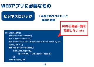 11
WEBアプリに必要なもの
ビジネスロジック → あなたがやりたいこと
普通の処理
def view_list():
connect = db.connect()
cur = connect.cursor()
cur.execute("select id,name from items order by id")
item_list = []
for row in cur.fetchall():
item_list.append({
"id":row[0], "item_name": row[1]
})
return item_list
DBから商品一覧を
取得したい etc
 