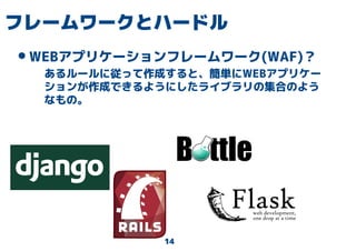14
フレームワークとハードル
•WEBアプリケーションフレームワーク(WAF)？
あるルールに従って作成すると、簡単にWEBアプリケー
ションが作成できるようにしたライブラリの集合のよう
なもの。
 