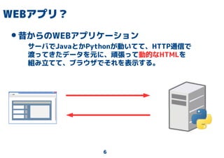 6
WEBアプリ？
•昔からのWEBアプリケーション
サーバでJavaとかPythonが動いてて、HTTP通信で
渡ってきたデータを元に、頑張って動的なHTMLを
組み立てて、ブラウザでそれを表示する。
 