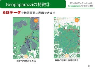 14
2016 FOSS4G Hokkaido
Geopaparazziハンズオン資料Geopaparazziの特徴②
GISデータを地図画面に表示できます
地すべり地形を表示 森林の地図と林道を表示
 