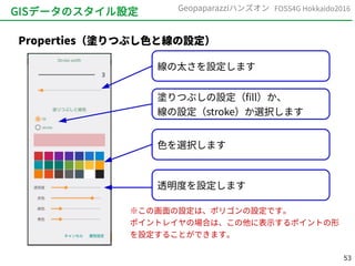 53
FOSS4G Hokkaido2016Geopaparazziハンズオン
GISデータのスタイル設定
Properties（塗りつぶし色と線の設定）
線の太さを設定します
塗りつぶしの設定（fill）か、
線の設定（stroke）か選択します
色を選択します
透明度を設定します
※この画面の設定は、ポリゴンの設定です。
ポイントレイヤの場合は、この他に表示するポイントの形
を設定することができます。
 
