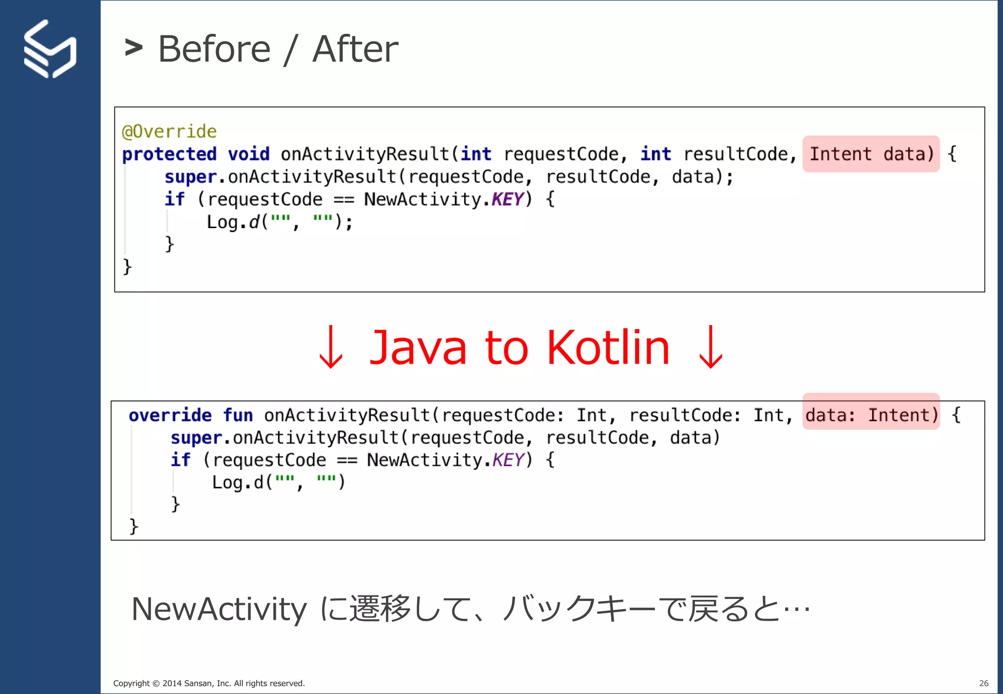 Copyright © 2014 Sansan, Inc. All rights reserved.
> Before / After
26
↓ Java to Kotlin ↓
NewActivity に遷移して、バックキーで戻ると…
 