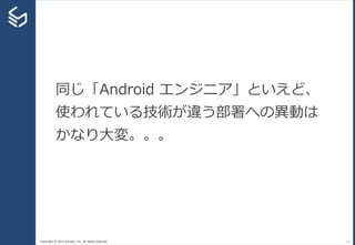 Copyright © 2014 Sansan, Inc. All rights reserved. 11
同じ「Android エンジニア」といえど、
使われている技術が違う部署への異動は
かなり大変。。。
 