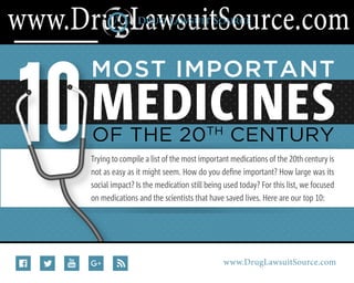 www.facebook.com/druglawsuitsource
https://twitter.com/DrugLawSource
www.youtube.com/channel/UCI7vltFVkpCWnxhGpGw5Ubg
https://plus.google.com/+Druglawsuitsource
www.druglawsuitsource.com/drugs/blog
www.DrugLawsuitSource.com
10OF THE 20TH
CENTURY
MEDICINES
MOST IMPORTANT
Trying to compile a list of the most important medications of the 20th century is
not as easy as it might seem. How do you deﬁne important? How large was its
social impact? Is the medication still being used today? For this list, we focused
on medications and the scientists that have saved lives. Here are our top 10:
www.DrugLawsuitSource.com
 