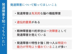 発
達
障
害
を
知
っ
て
も
ら
い
た
い
発達障害について知ってほしいこと
・発達障害の特性を強く持つ人は特定の
 能力が平均より優れていることが多い
・発達障害は先天的な脳の機能障害
・遺伝的要素がある
・精神障害者の約半分は一次障害として
 発達障害を抱えている
 
