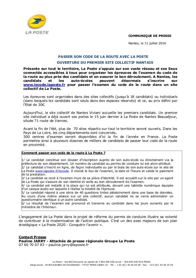 2016 07 11 Cp La Poste Examen Code La Route Nantes Viviani - 