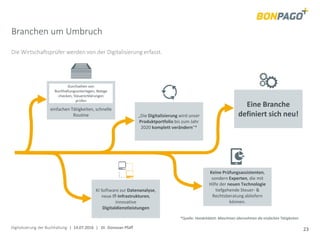 Digitalisierung der Buchhaltung | 14.07.2016 | Dr. Donovan Pfaff 23
Branchen um Umbruch
Die Wirtschaftsprüfer werden von der Digitalisierung erfasst.
einfachen Tätigkeiten, schnelle
Routine „Die Digitalisierung wird unser
Produktportfolio bis zum Jahr
2020 komplett verändern“*
Eine Branche
definiert sich neu!
KI Software zur Datenanalyse,
neue IT-Infrastrukturen,
innovative
Digitaldienstleistungen
Keine Prüfungsassistenten,
sondern Experten, die mit
Hilfe der neuen Technologie
tiefgehende Steuer- &
Rechtsberatung abliefern
können.
Durchsehen von
Buchhaltungsunterlagen, Belege
checken, Steuererklärungen
prüfen
*Quelle: Handelsblatt: Maschinen übernehmen die einfachen Tätigkeiten
 