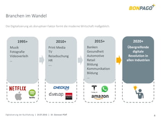 Digitalisierung der Buchhaltung | 14.07.2016 | Dr. Donovan Pfaff 4
Branchen im Wandel
Die Digitalisierung als disruptiver Faktor formt die moderne Wirtschaft maßgeblich.
1995+
Musik
Fotografie
Videoverleih
…
2010+
Print Media
TV
Reisebuchung
HR
….
2015+
Banken
Gesundheit
Automotive
Retail
Bildung
Kommunikation
Bildung
…
2020+
Übergreifende
digitale
Revolution in
allen Industrien
 