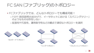 FC SAN (ファブリック)のトポロジー
• FCファブリックでは、どんなトポロジーでも構成可能！
‒ FSPF (前回説明)のおかげで、イーサネットにおける「スパニングツリー」
のようなものは存在しない
‒ 拡張性や冗長性、運用保守性などの観点で適切なトポロジーを選択
17
“カスケード”トポロジー
“リング”トポロジー “フルメッシュ”トポロジー
 