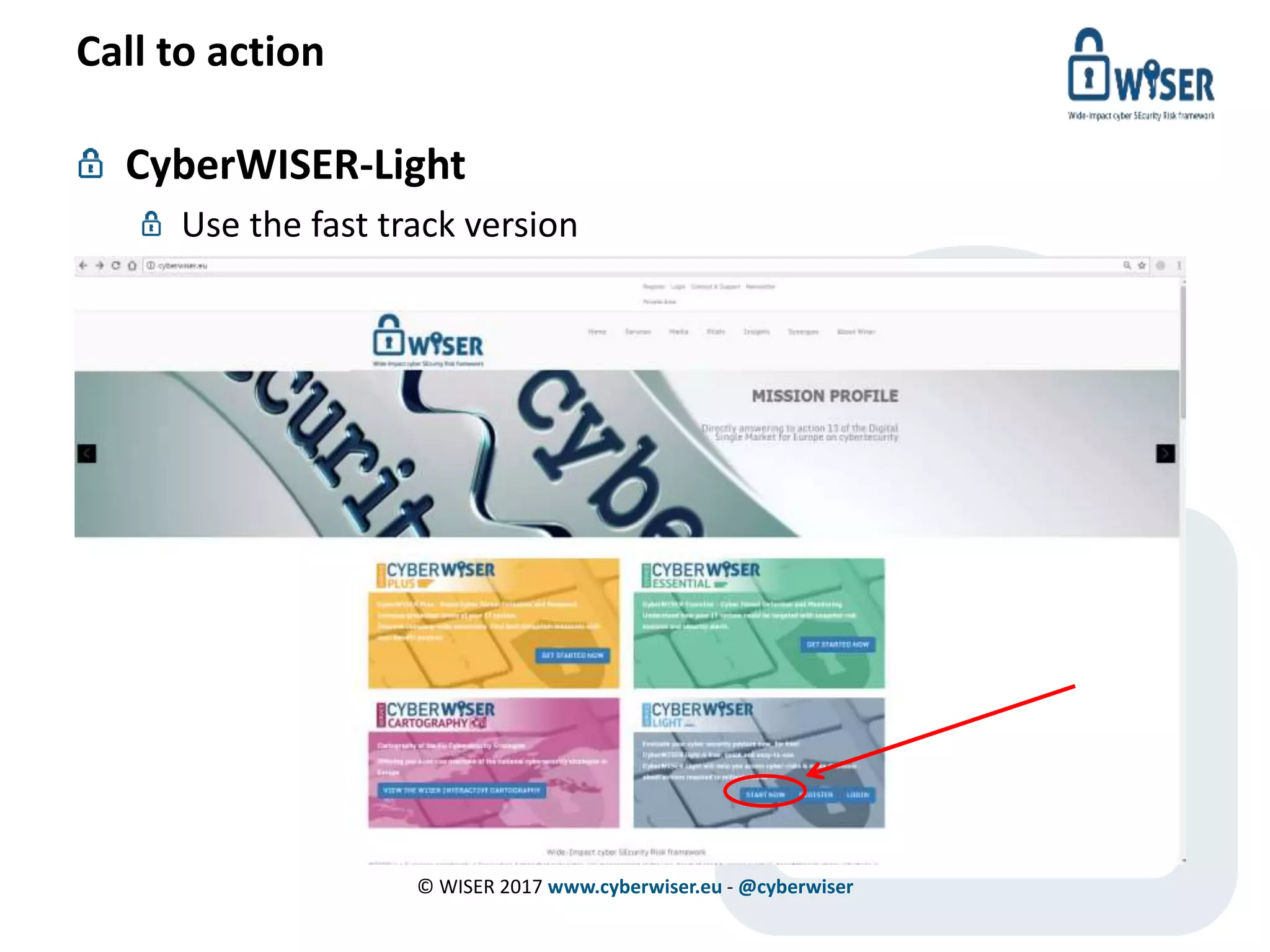 Call to action
CyberWISER-Light
Use the fast track version
© WISER 2017 www.cyberwiser.eu - @cyberwiser
 