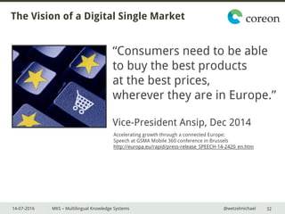 14-07-2016 MKS – Multilingual Knowledge Systems @wetzelmichael
The Vision of a Digital Single Market
“Consumers need to be able
to buy the best products
at the best prices,
wherever they are in Europe.”
Vice-President Ansip, Dec 2014
Accelerating growth through a connected Europe:
Speech at GSMA Mobile 360 conference in Brussels
http://europa.eu/rapid/press-release_SPEECH-14-2420_en.htm
32
 