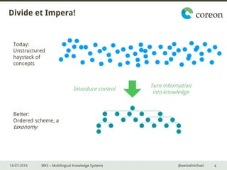 14-07-2016 MKS – Multilingual Knowledge Systems @wetzelmichael
Divide et Impera!
4
Today:
Unstructured
haystack of
concepts
Better:
Ordered scheme, a
taxonomy
Introduce control
Turn information
into knowledge
 