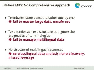 14-07-2016 MKS – Multilingual Knowledge Systems @wetzelmichael7
Before MKS: No Comprehensive Approach
 Termbases store concepts rather one by one
 fail to master large data, unsafe use
 Taxonomies achieve structure but ignore the
pragmatics of terminologies
 fail to manage multilingual data
 No structured multilingual resources
 no crosslingual data analysis nor e-discovery,
missed leverage
 
