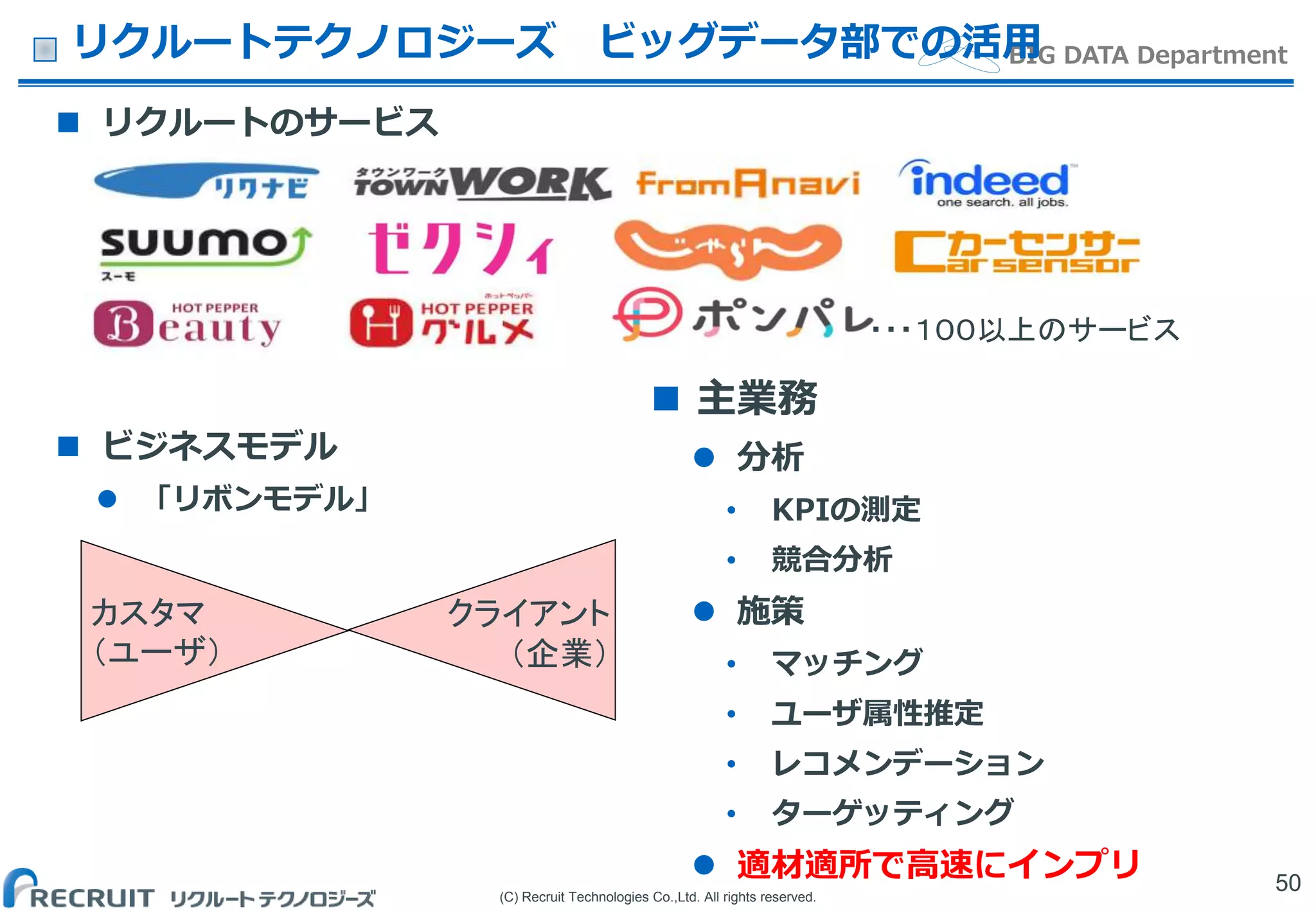(C) Recruit Technologies Co.,Ltd. All rights reserved.
BIG DATA Departmentリクルートテクノロジーズ ビッグデータ部での活用
 リクルートのサービス
 ビジネスモデル
 「リボンモデル」
50
カスタマ
（ユーザ）
クライアント
（企業）
 主業務
 分析
• KPIの測定
• 競合分析
 施策
• マッチング
• ユーザ属性推定
• レコメンデーション
• ターゲッティング
 適材適所で高速にインプリ
・・・１００以上のサービス
 