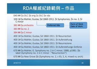 RDA權威紀錄範例 – 作品
040 ## $a DLC $b eng $c DLC $e rda
100 1# $a Mahler, Gustav, $d 1860-1911. $t Symphonies, $n no. 2, $r
C minor
382 ## $a orchestra
383 ## $a no. 2
384 ## $a C minor
400 1# $a Mahler, Gustav, $d 1860-1911. $t Resurrection
400 1# $a Mahler, Gustav, $d 1860-1911. $t Auferstehung
400 1# $a Mahler, Gustav, $d 1960-1911. $t Resurrezione
400 1# $a Mahler, Gustav, $d 1860-1911. $t Auferstehungs-Sinfonie
670 ## $a Mahler, G. Symphony no. 2 in C minor, 1988, p1981: $b
label (Symphony no. 2 in C minor : "Resurrection")
670 ## $a New Grove $b (Symphony no. 2, c-E♭, S, A, mixed vv, orch)
Preferred title
Form of Work
Date of Work
2016/7/15 28
 