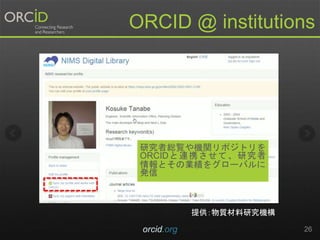 orcid.org 26
ORCID @ institutions
研究者総覧や機関リポジトリを
ORCIDと連携させて、研究者
情報とその業績をグローバルに
発信
提供：物質材料研究機構
 