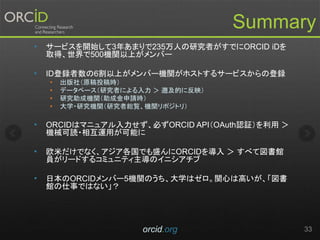 Summary
• サービスを開始して3年あまりで235万人の研究者がすでにORCID iDを
取得、世界で500機関以上がメンバー
• ID登録者数の6割以上がメンバー機関がホストするサービスからの登録
• 出版社（原稿投稿時）
• データベース（研究者による入力 ＞ 遡及的に反映）
• 研究助成機関（助成金申請時）
• 大学・研究機関（研究者総覧、機関リポジトリ）
• ORCIDはマニュアル入力せず、必ずORCID API（OAuth認証）を利用 ＞
機械可読・相互運用が可能に
• 欧米だけでなく、アジア各国でも盛んにORCIDを導入 ＞ すべて図書館
員がリードするコミュニティ主導のイニシアチブ
• 日本のORCIDメンバー5機関のうち、大学はゼロ。関心は高いが、「図書
館の仕事ではない」？
orcid.org 33
 