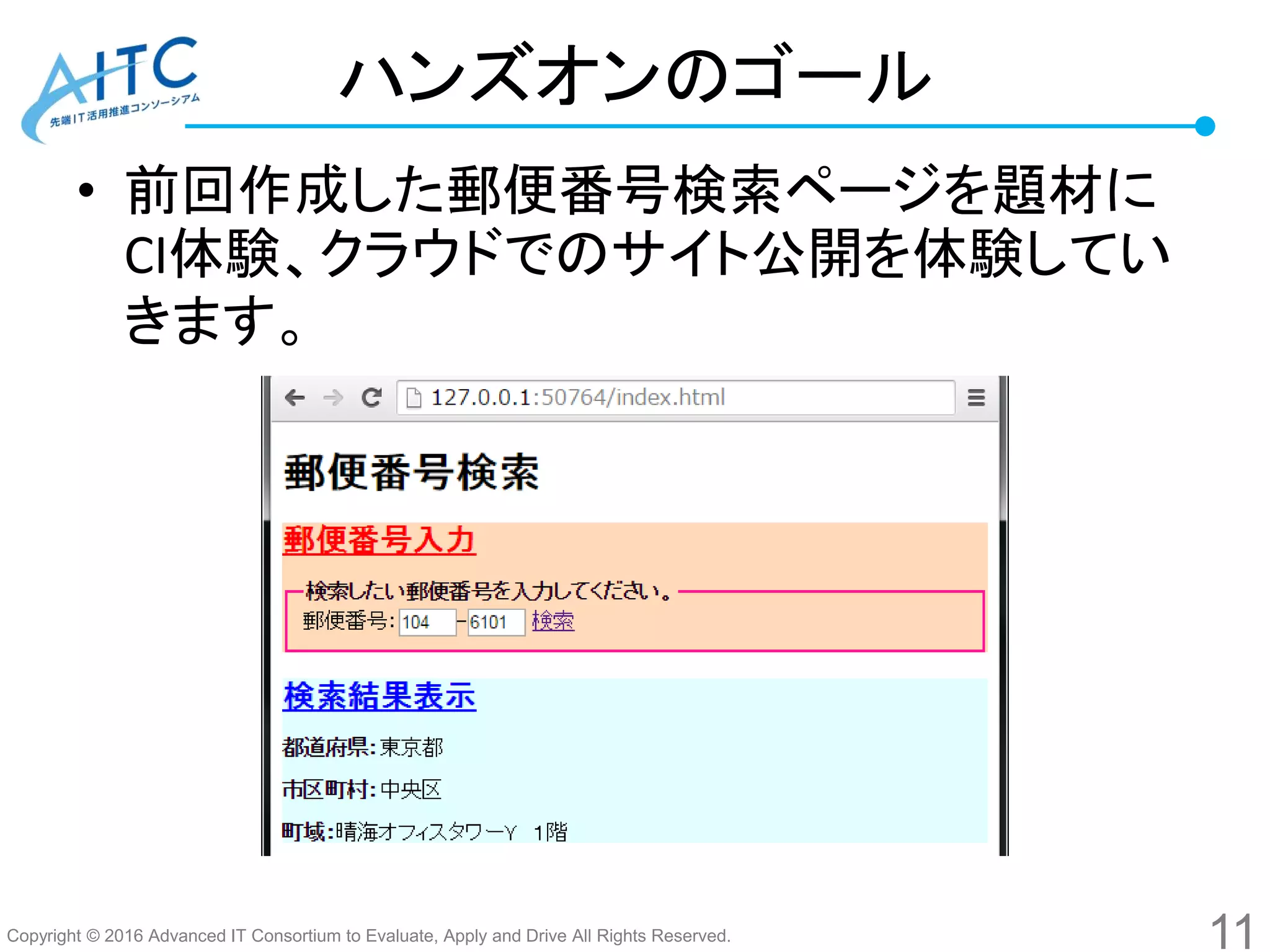 Copyright © 2016 Advanced IT Consortium to Evaluate, Apply and Drive All Rights Reserved.
ハンズオンのゴール
• 前回作成した郵便番号検索ページを題材に
CI体験、クラウドでのサイト公開を体験してい
きます。
11
 
