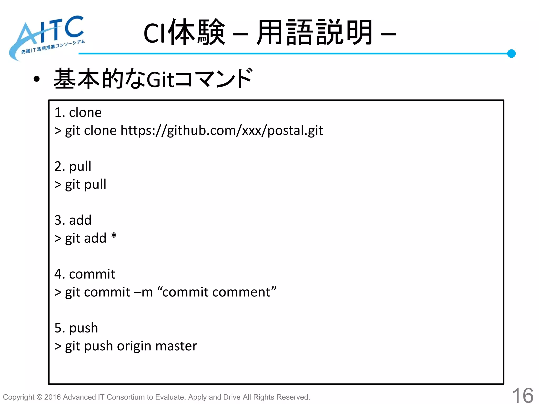 Copyright © 2016 Advanced IT Consortium to Evaluate, Apply and Drive All Rights Reserved.
CI体験 – 用語説明 –
• 基本的なGitコマンド
16
1. clone
> git clone https://github.com/xxx/postal.git
2. pull
> git pull
3. add
> git add *
4. commit
> git commit –m “commit comment”
5. push
> git push origin master
 