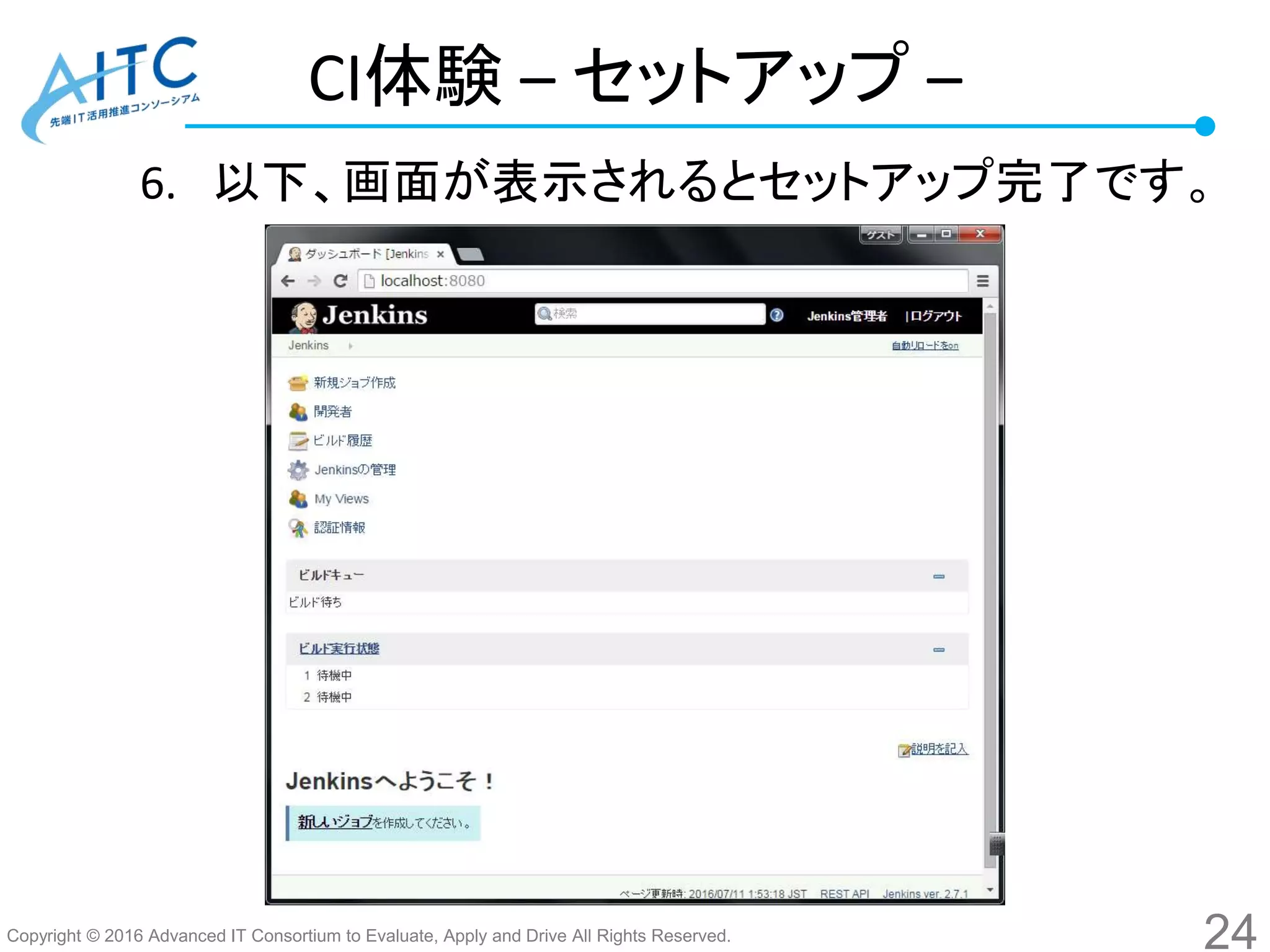 Copyright © 2016 Advanced IT Consortium to Evaluate, Apply and Drive All Rights Reserved.
CI体験 – セットアップ –
6. 以下、画面が表示されるとセットアップ完了です。
24
 