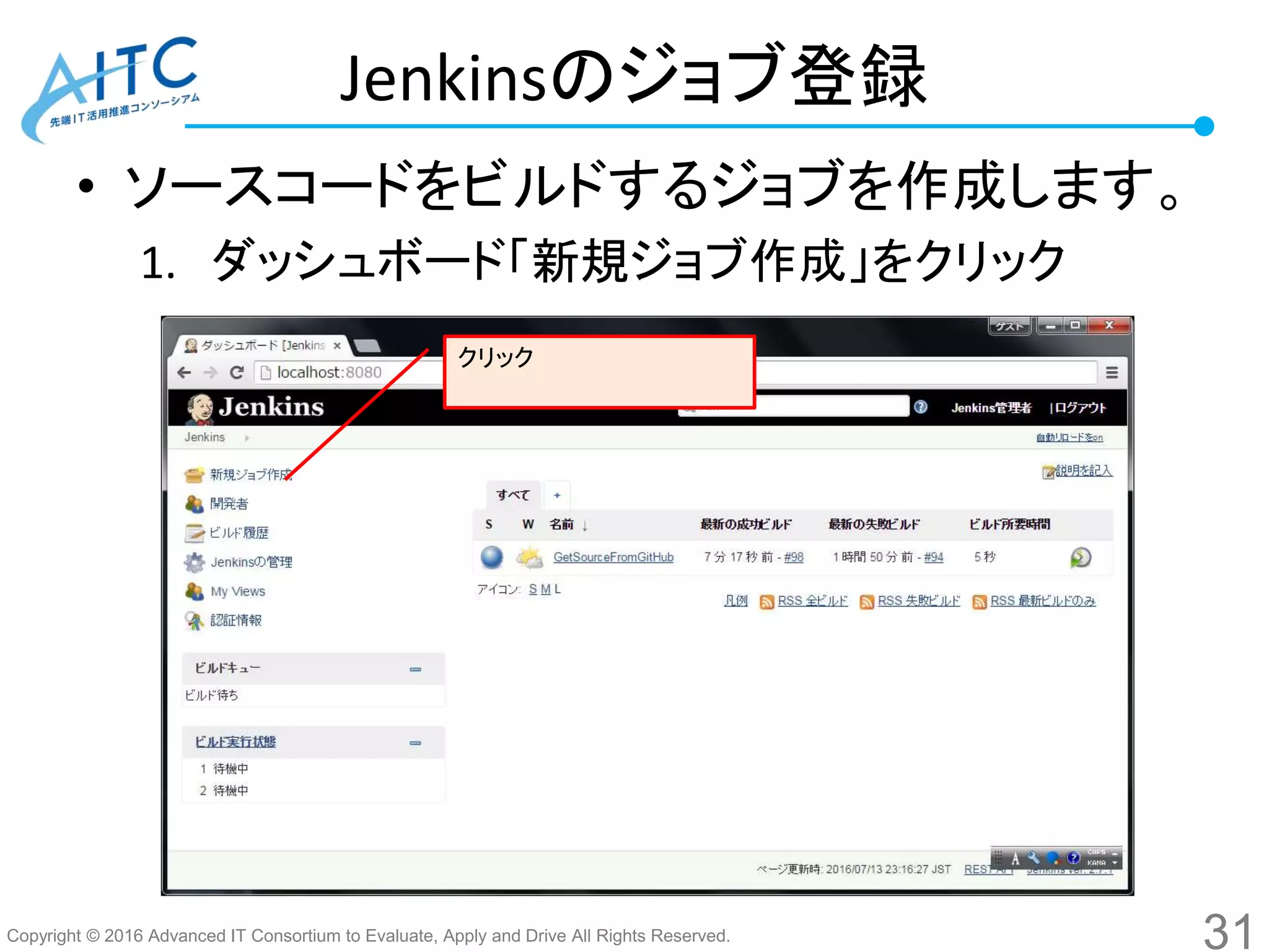Copyright © 2016 Advanced IT Consortium to Evaluate, Apply and Drive All Rights Reserved.
Jenkinsのジョブ登録
• ソースコードをビルドするジョブを作成します。
1. ダッシュボード「新規ジョブ作成」をクリック
31
クリック
 