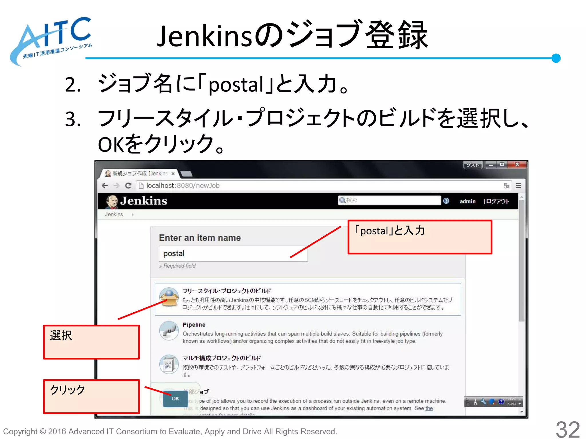 Copyright © 2016 Advanced IT Consortium to Evaluate, Apply and Drive All Rights Reserved.
Jenkinsのジョブ登録
2. ジョブ名に「postal」と入力。
3. フリースタイル・プロジェクトのビルドを選択し、
OKをクリック。
32
「postal」と入力
選択
クリック
 