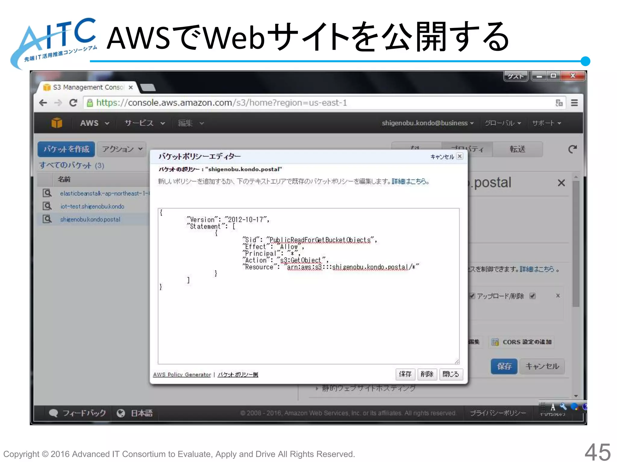 Copyright © 2016 Advanced IT Consortium to Evaluate, Apply and Drive All Rights Reserved.
AWSでWebサイトを公開する
45
 