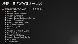 連携可能なAWSサービス
✤ 現時点では以下のAWSサービスをサポート
✤ Amazon S3
✤ Amazon Kinesis Streams
✤ Amazon DynamoDB
✤ Amazon Simple Notification Service
✤ Amazon Echo (Alexa)
✤ Amazon CloudWatch Logs
✤ AWS CloudFormation
✤ Amazon Cognito
✤ AWS IoT
✤ Amazon CloudWatch Events
✤ Scheduled Event
✤ Amazon API Gateway
✤ Amazon Simple Email Service
✤ AWS Config
✤ Custom Event
 