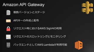 Amazon API Gateway
複数バージョンとステージ
APIキーの作成と配布
リクエスト時におけるAWS SigV4の利⽤
リクエストのスロットリングとモニタリング
バックエンドとしてAWS Lambdaが利⽤可能
 