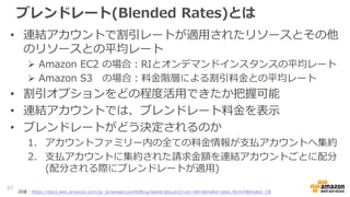 ブレンドレート(Blended Rates)とは
• 連結アカウントで割引レートが適用されたリソースとその他
のリソースとの平均レート
 Amazon EC2 の場合：RIとオンデマンドインスタンスの平均レート
 Amazon S3 の場合...