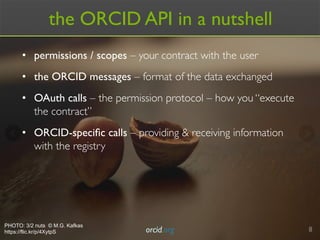 orcid.org 8
•  permissions / scopes – your contract with the user
•  the ORCID messages – format of the data exchanged
•  ...