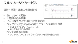 フルマネージドサービス
設計・構築・運用の手間を削減
• 数クリックで起動
• １時間単位の費用
• ノード数やタイプは後から変更可能
• バックアップ(Snapshot)やモニタリング機能を内蔵
 GUI（マネジメントコンソール）
 API経由で操作も可能
• パッチ適用も自動的
 メンテナンスウィンドウでパッチの時間帯を指定可能
16
 