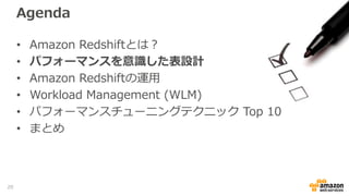 Agenda
• Amazon Redshiftとは？
• パフォーマンスを意識した表設計
• Amazon Redshiftの運用
• Workload Management (WLM)
• パフォーマンスチューニングテクニック Top 10
• まとめ
20
 
