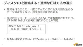 ディスクIOを削減する：適切な圧縮方法の選択
• 圧縮を行うことで、一度のディスクアクセスで読み込める
データ量が多くなり、速度の向上が見込める
• 圧縮のエンコード（アルゴリズム）が複数用意されており、
CREATE TABLEで各列に選択することが可能
• 動的には変更できない (作りなおして INSERT … SELECT）
CREATE TABLE table_name (
列名 型 ENCODE エンコード,
)
24
 