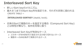 Interleaved Sort Key
• 新しいSort keyのメカニズム
• 最大８つまでのSort Key列を指定でき、それぞれ同等に扱われる
CREATE TABLE ~
…
INTERLEAVED SORTKEY (deptid, locid);
• 旧来のSortで複数のキーを指定する場合（Compound Sort Key)
とは特性が異なり、各列を同等に扱う
• Interleaved Sort Keyが有効なケース
 どのキーがWHERE句で指定されるか絞り切れないケース
 複数キーのAND条件で検索されるケース
29
 