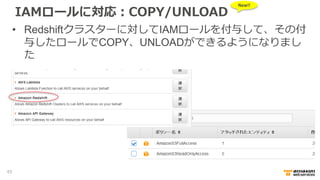 IAMロールに対応：COPY/UNLOAD
• Redshiftクラスターに対してIAMロールを付与して、その付
与したロールでCOPY、UNLOADができるようになりまし
た
New!!
45
 